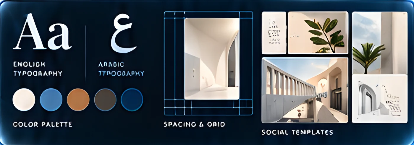 Typography, color palette, spacing grid and social templates