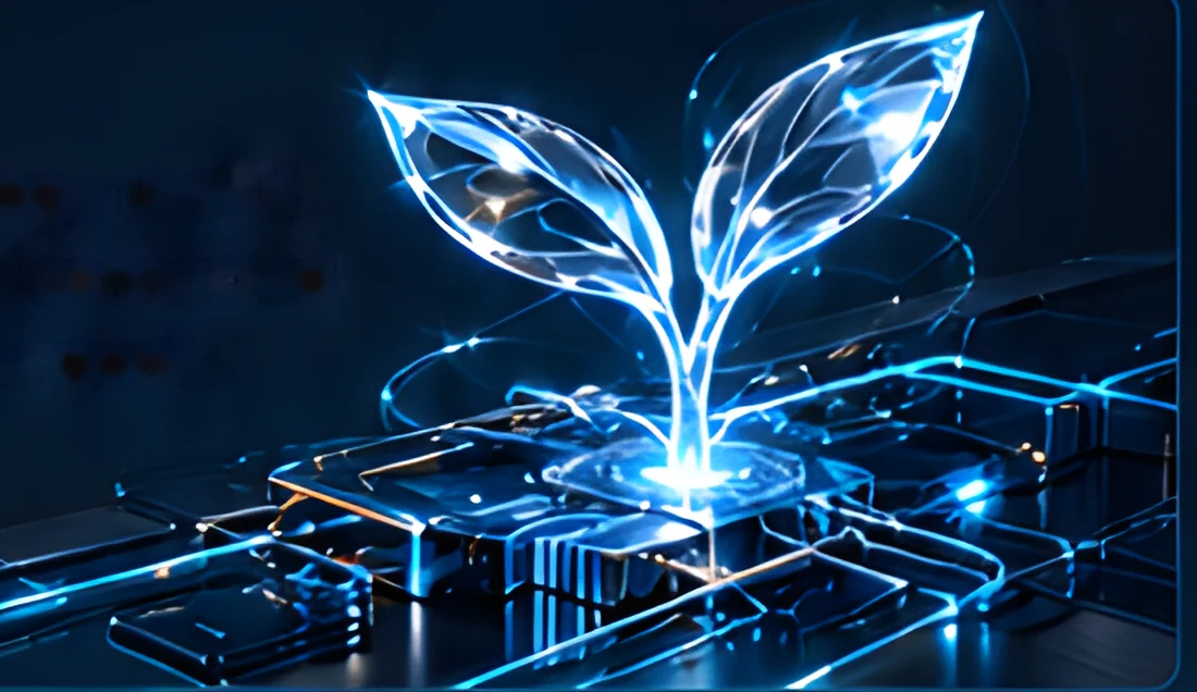 Glowing glass plant growing from a circuit-board base