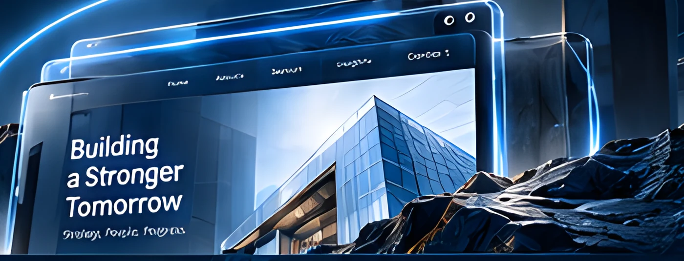 Glass website panels showing a corporate building