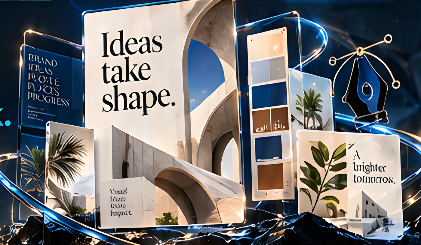 Floating design boards with Ideas take shape poster, palette swatches and a pen tool