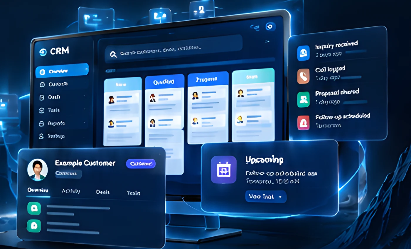 CRM dashboard with pipeline stages, a customer profile card and recent activity notifications