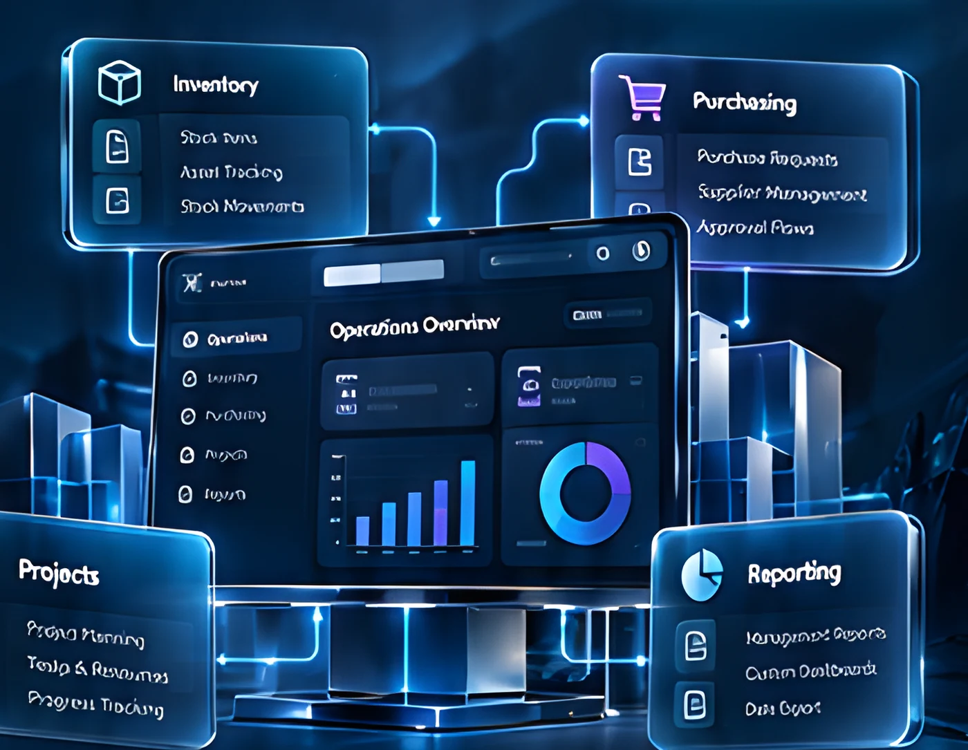 Operations overview dashboard surrounded by glass modules for inventory, purchasing, projects and reporting