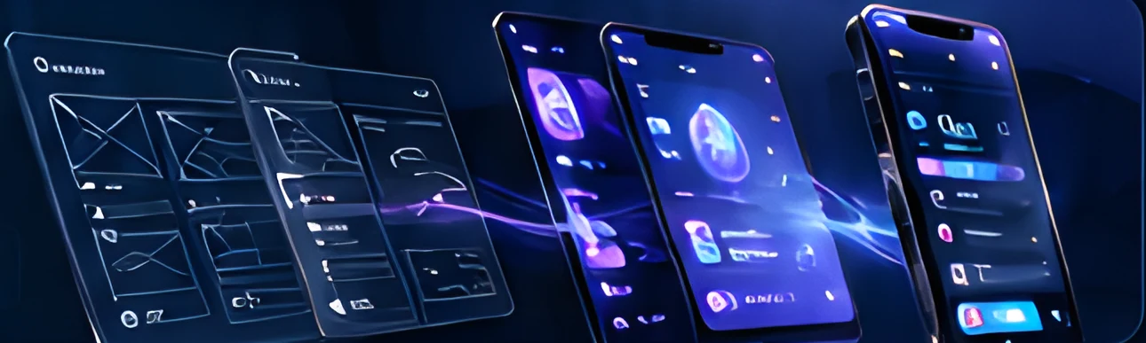 Wireframes and glowing app screens