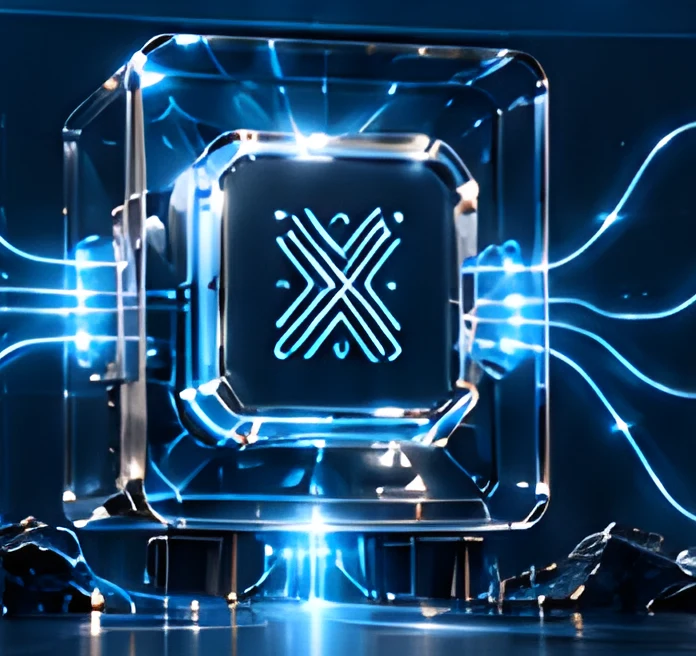 Glowing glass cube with the Xiosol mark at the centre of connected business tools