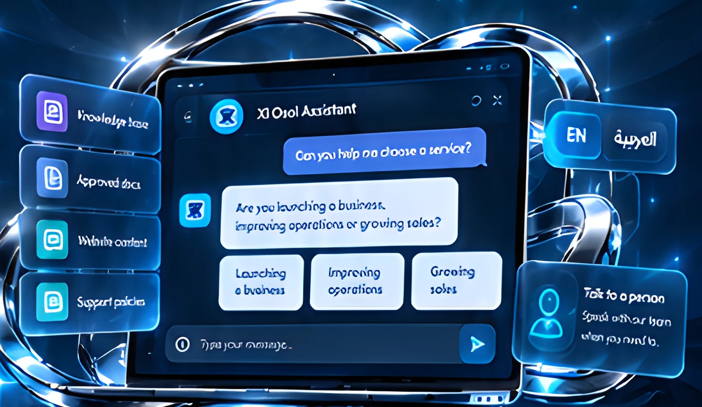 AI assistant chat window with knowledge source cards, language toggle and talk-to-a-person card