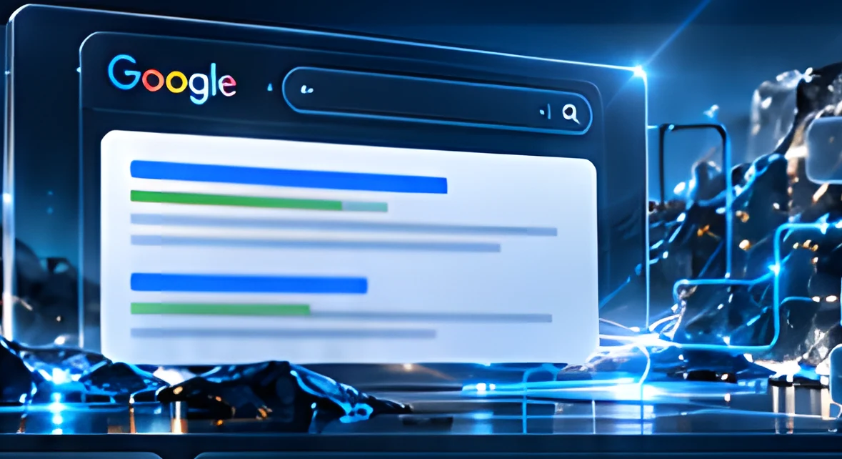 Glass Google search results window above dark rocks