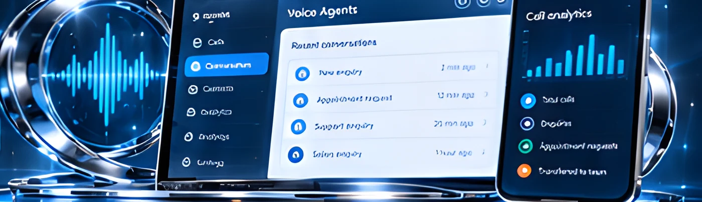 Voice agent dashboard on laptop and phone beside a glowing waveform
