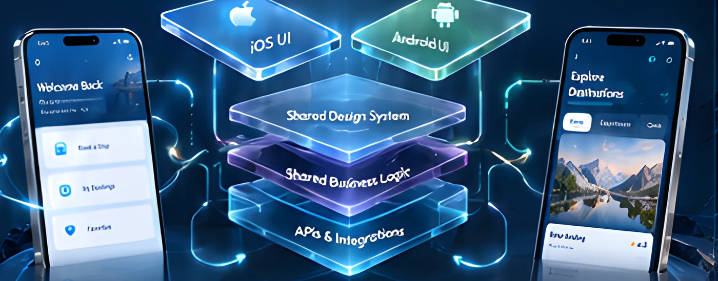 Layered diagram: iOS UI and Android UI over a shared design system, business logic and APIs