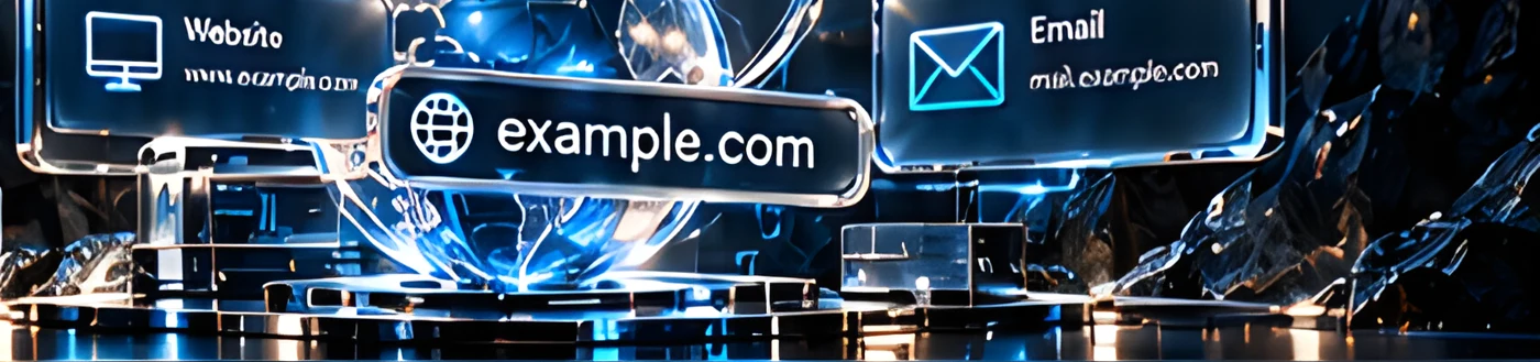 Glass globe labelled example.com with Website and Email panels