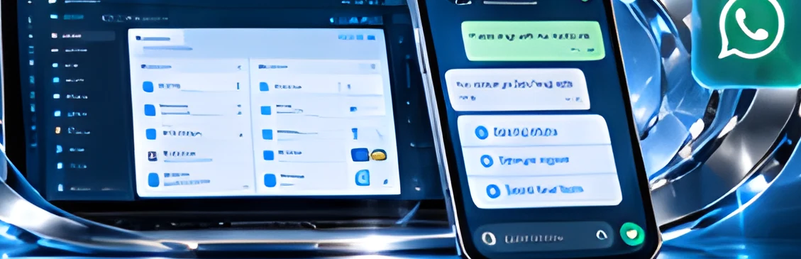 Laptop and phone showing a shared support inbox with a WhatsApp icon