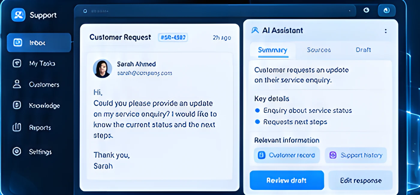 Support inbox with a customer request and an AI assistant panel offering a summary and draft