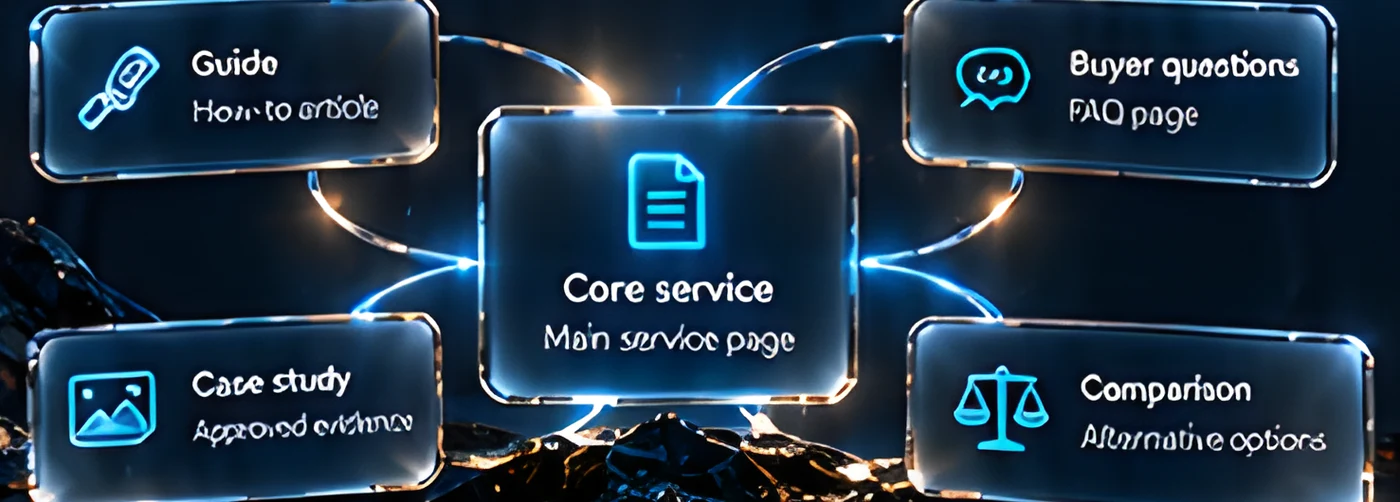 Content map: core service page connected to guide, buyer questions, case study and comparison