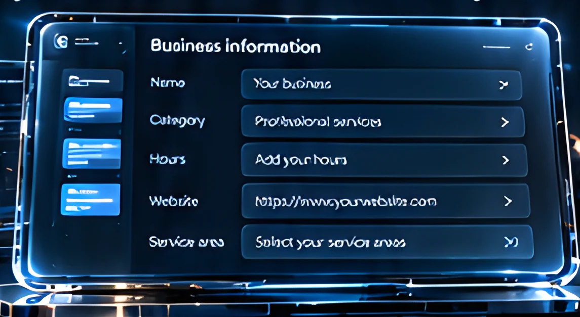 Business information panel: name, category, hours, website and service area