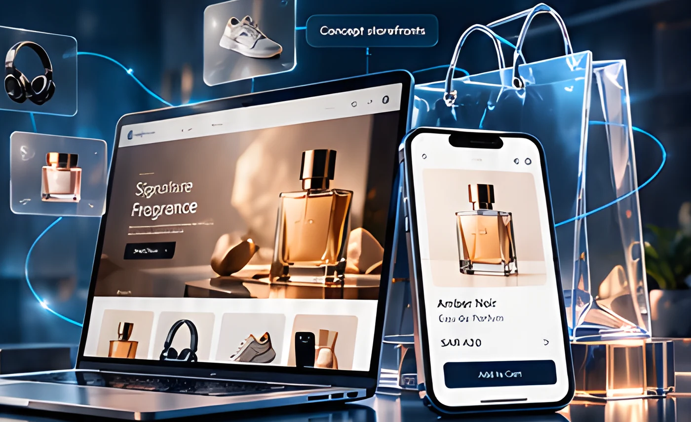 Online store on a laptop and phone beside a glass shopping bag