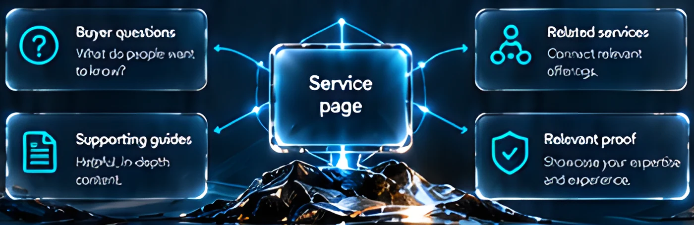 Service page hub connected to buyer questions, supporting guides, related services and relevant proof
