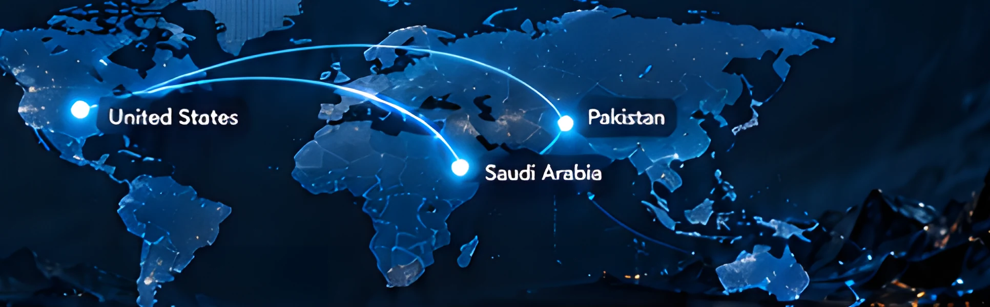 World map with connection lines between the United States, Pakistan and Saudi Arabia