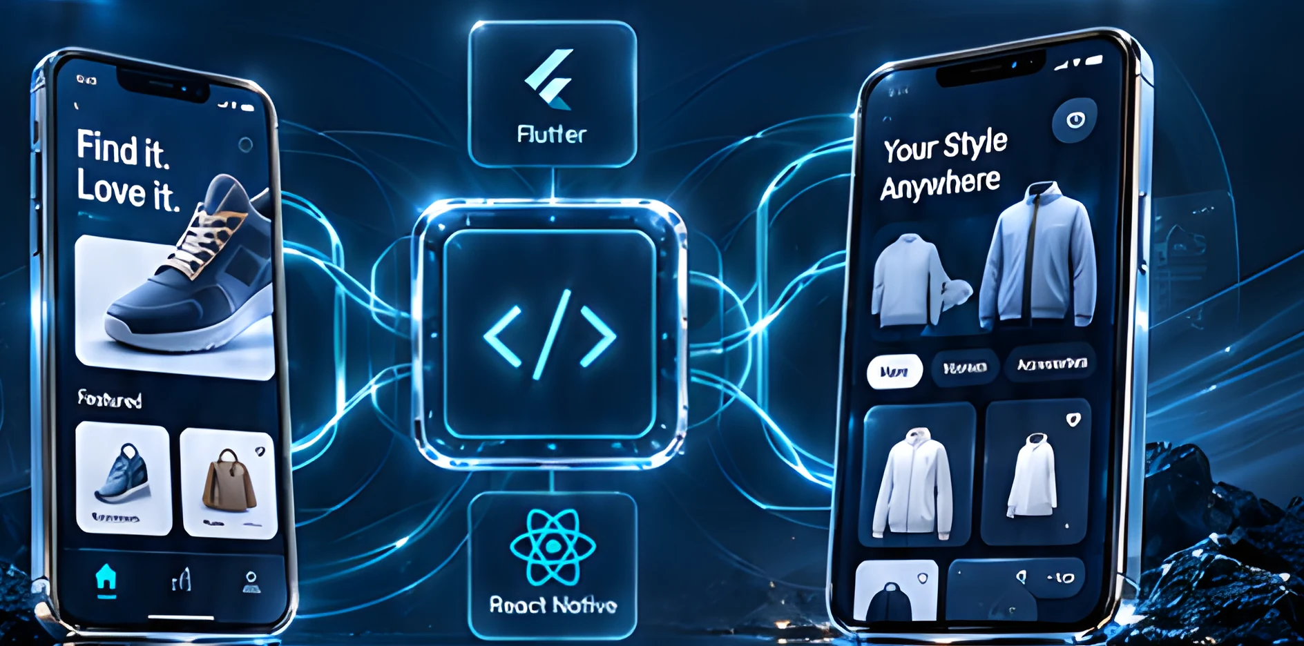 Two phones linked by a glowing code symbol with Flutter and React Native tiles