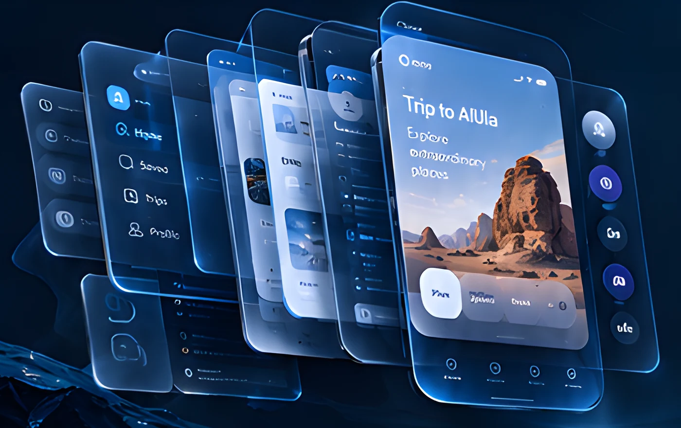 Stacked glass iOS interface layers leading to a trip-planning screen