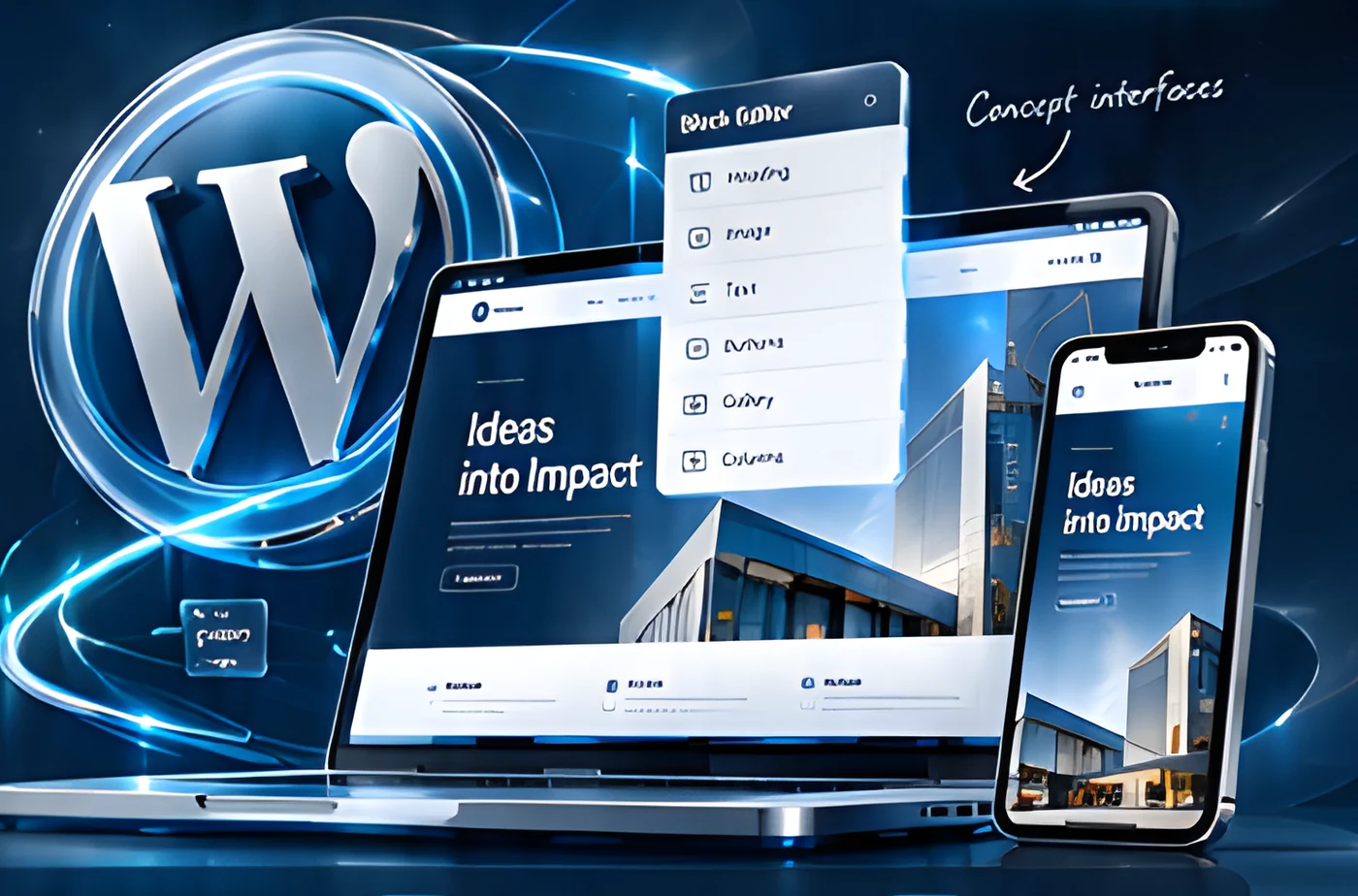 WordPress logo with a block editor, laptop and phone showing a website