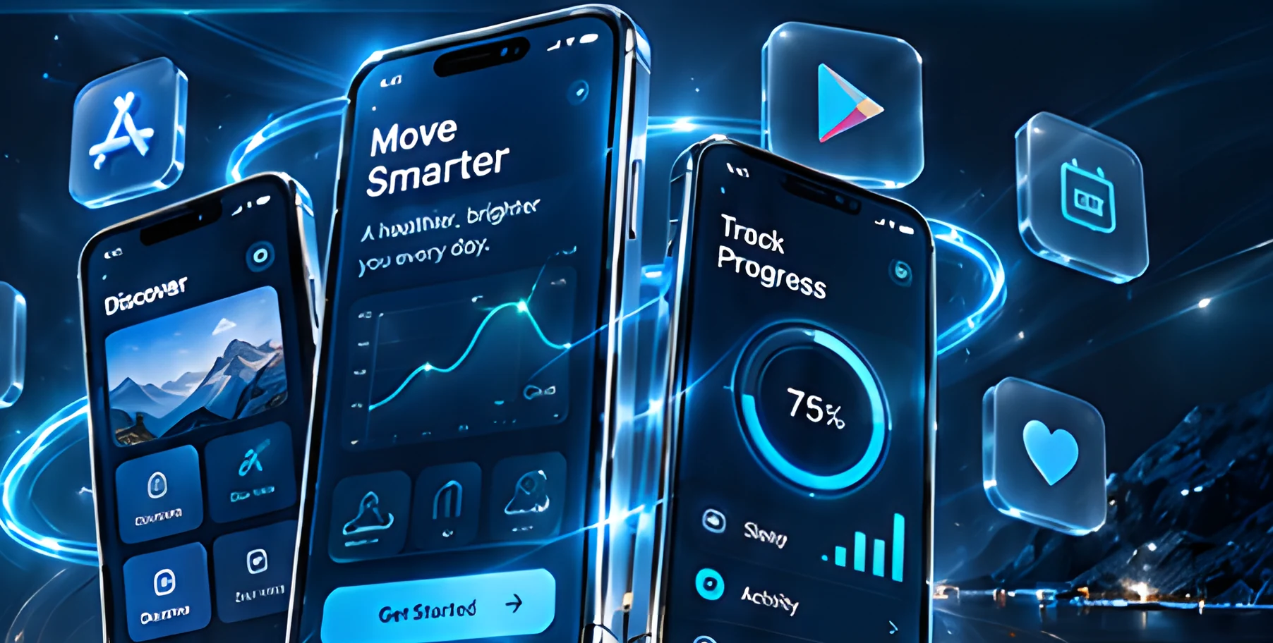 Three glass-framed smartphones showing app screens surrounded by App Store, Google Play and app icons