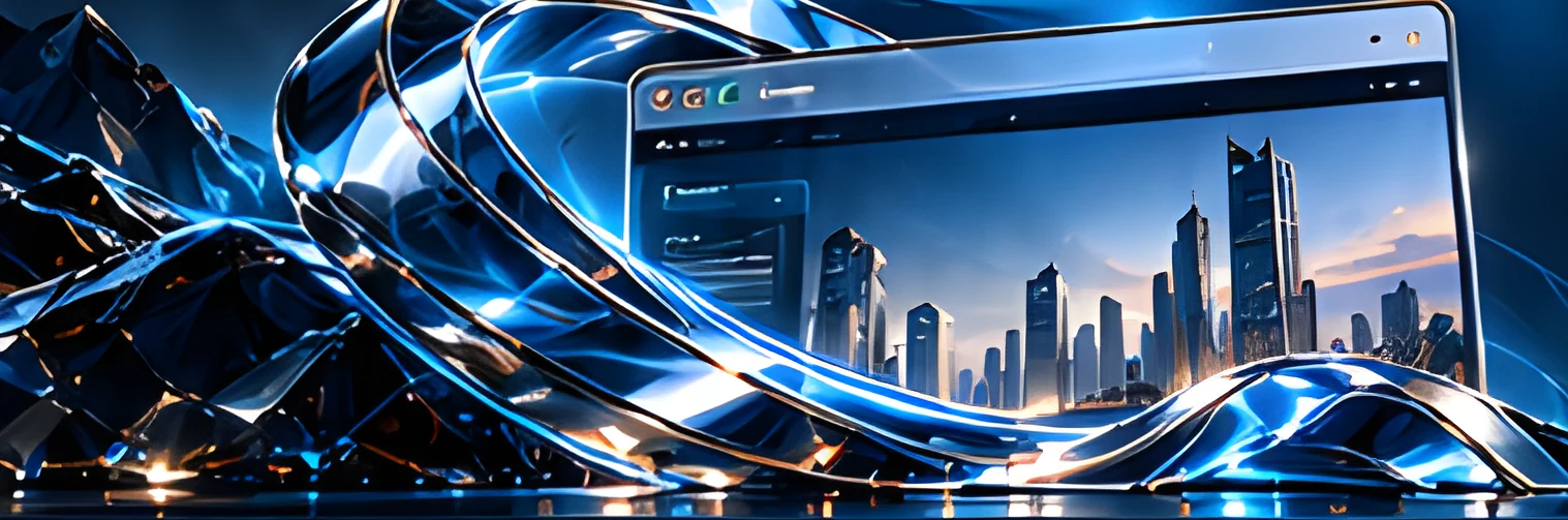 Laptop showing a city skyline website beside glowing glass rings