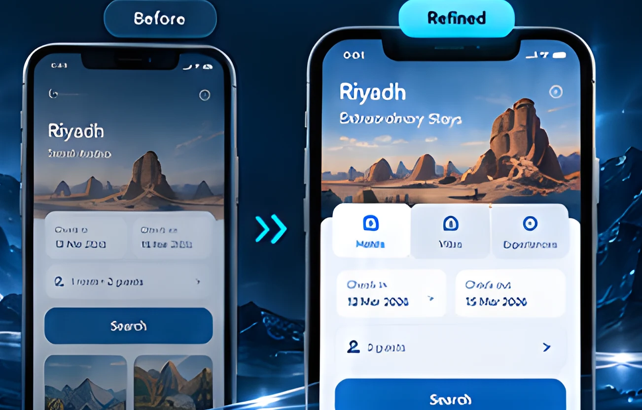 Before and refined versions of a travel app screen