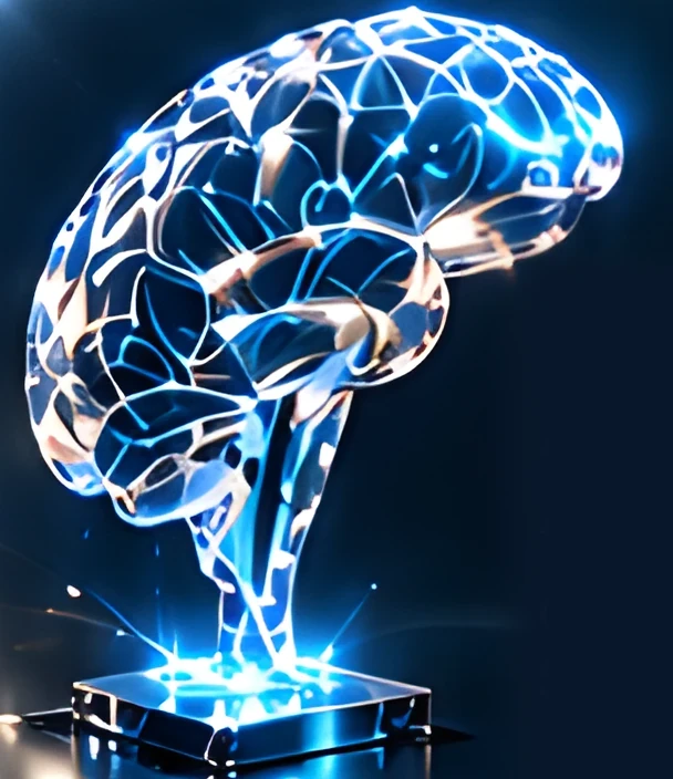 Glowing glass brain on a pedestal