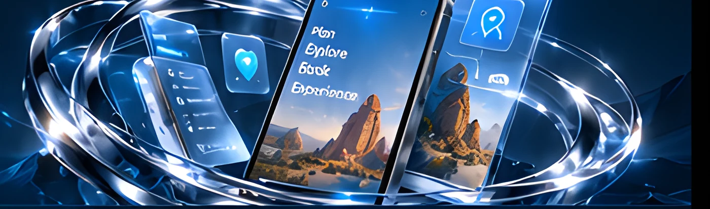 Travel app screens floating inside glowing rings