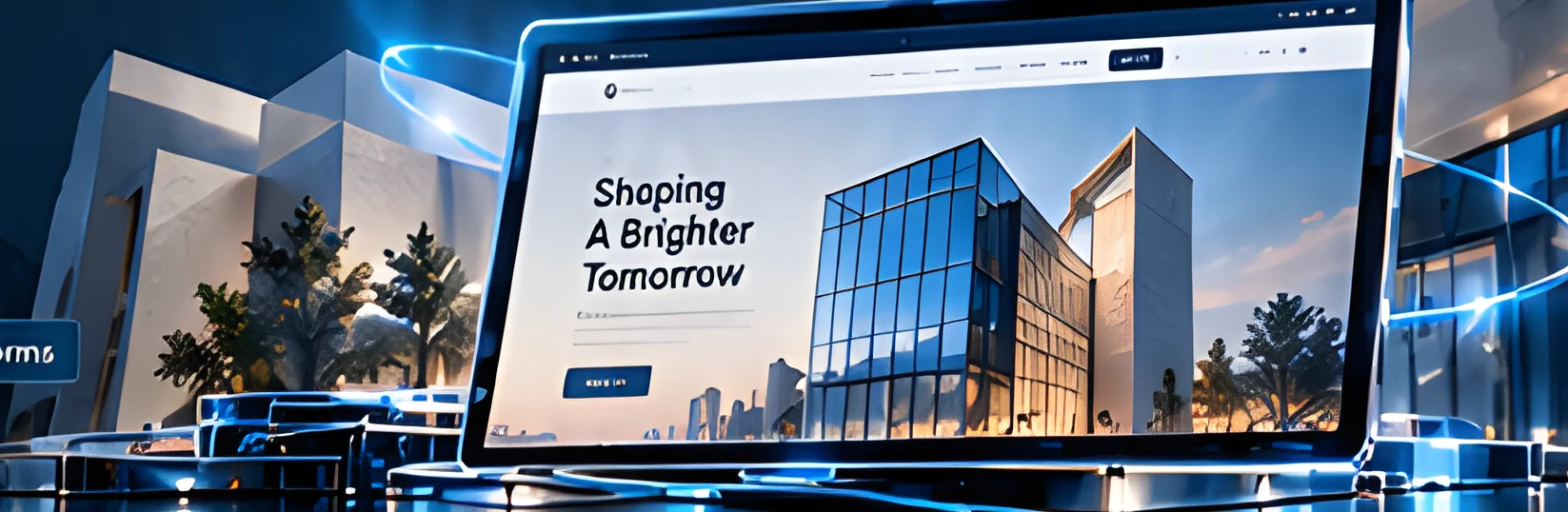 Glass monitor and tablet showing a corporate website beside a modern building