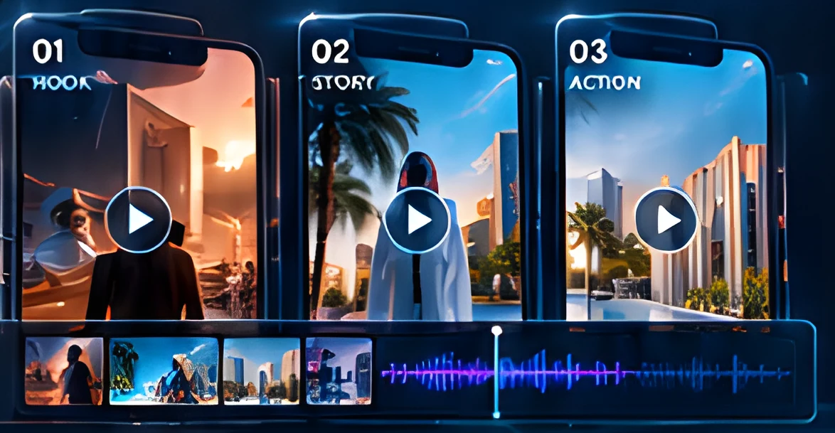 Three short-form video phone frames with a timeline
