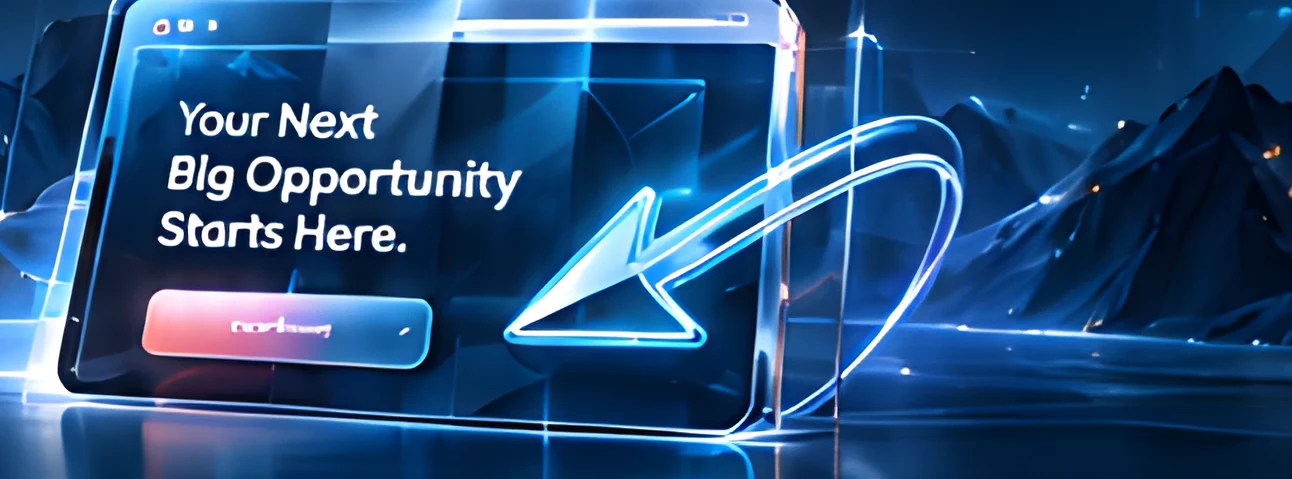 Glass landing page panel reading Your Next Big Opportunity Starts Here with a glowing arrow