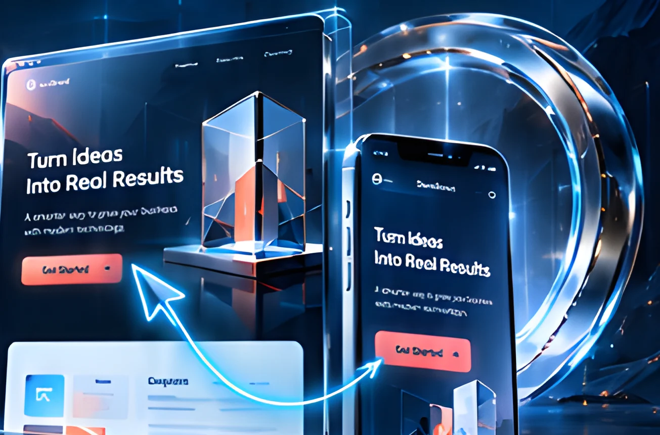 Landing page on a laptop and phone with a glass cube, joined by a glowing arrow and ring