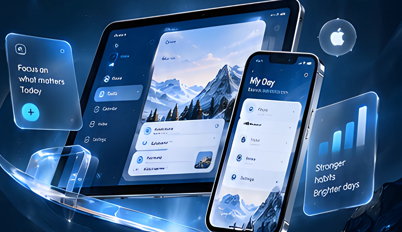 iPad and iPhone showing a task app with glass cards and an Apple logo tile