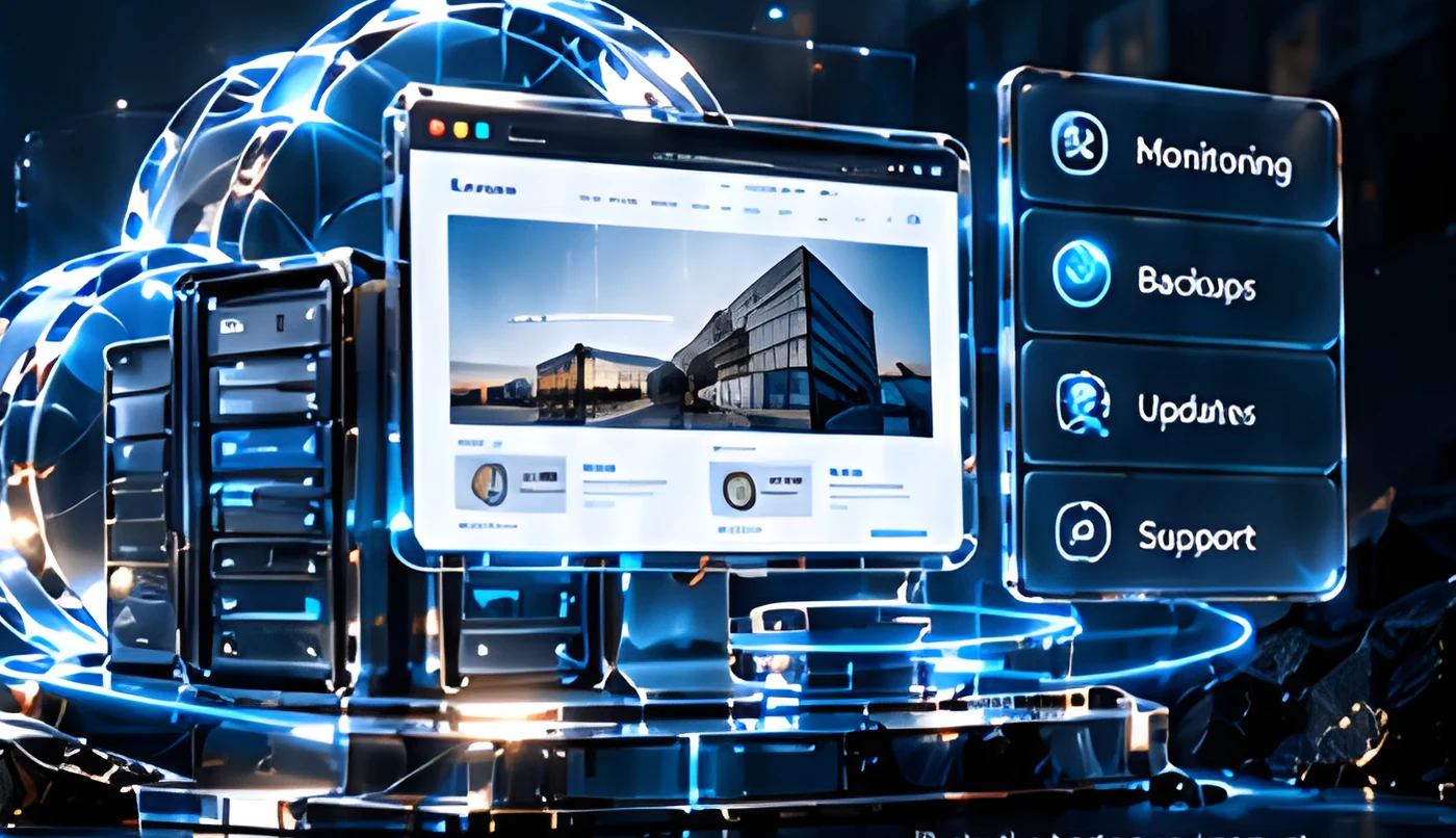 Glass cloud over server racks with Monitoring, Backups, Updates and Support panels