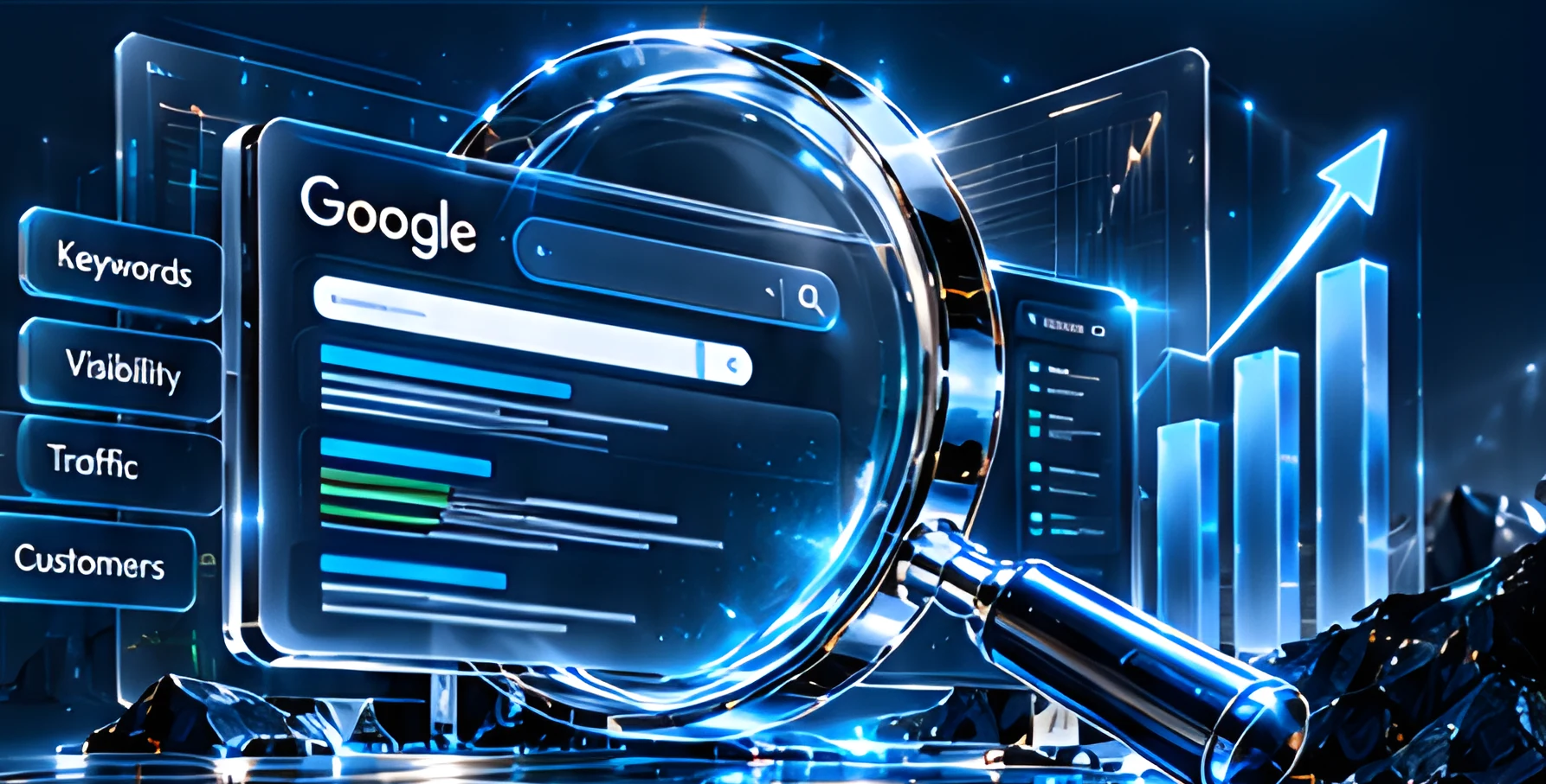 Giant magnifying glass over a Google results window with keyword, visibility, traffic and customer tags and a growth chart