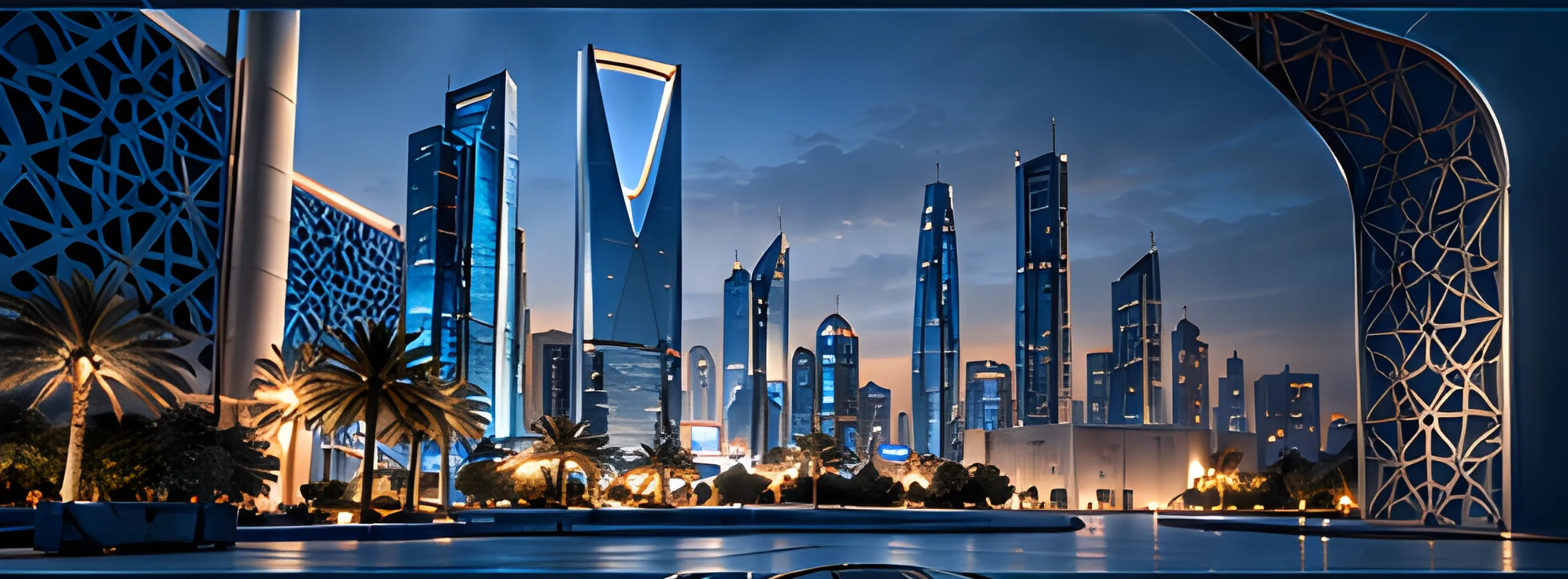 Riyadh skyline at night with glowing towers and palm trees