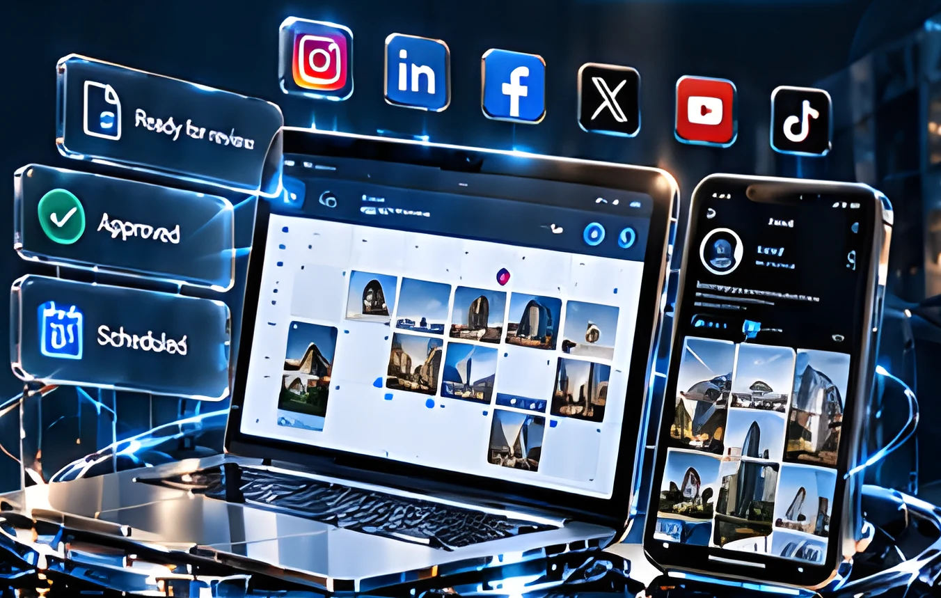 Laptop and phone showing a social profile with Ready for review, Approved and Scheduled states and social platform icons