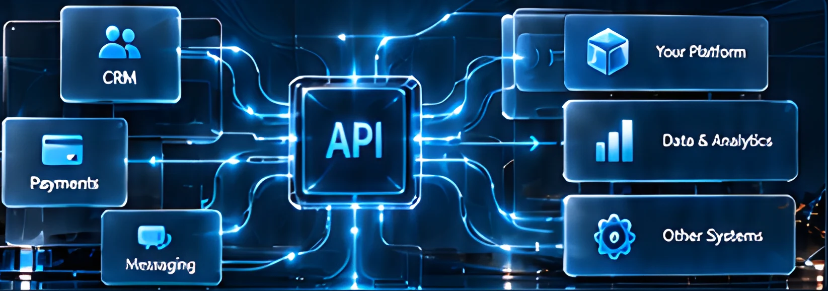 Central API chip connected to CRM, payments, messaging and analytics tiles