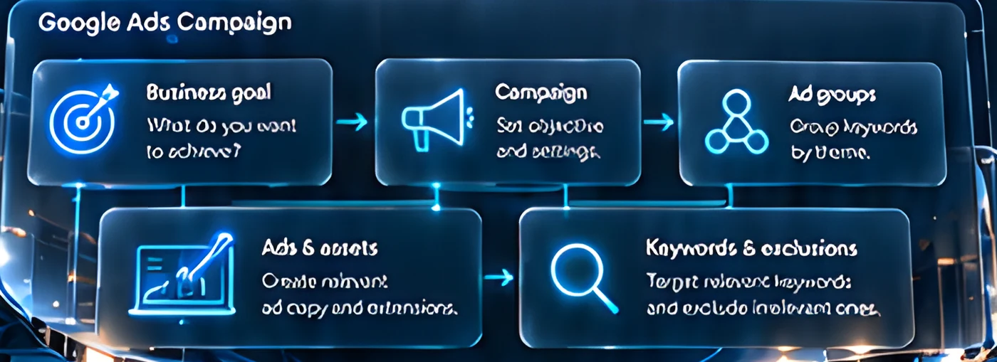 Google Ads campaign structure: business goal, campaign, ad groups, ads and assets, keywords and exclusions