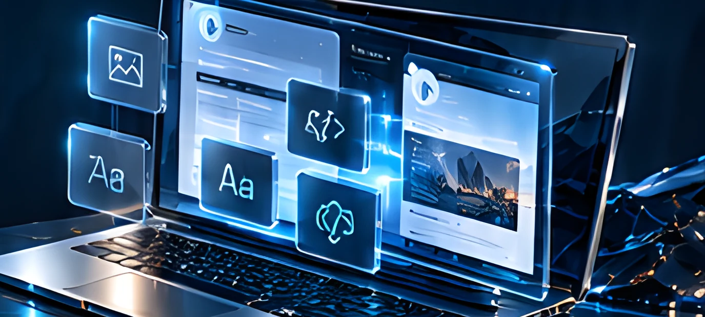 Laptop with floating image, code and typography cards