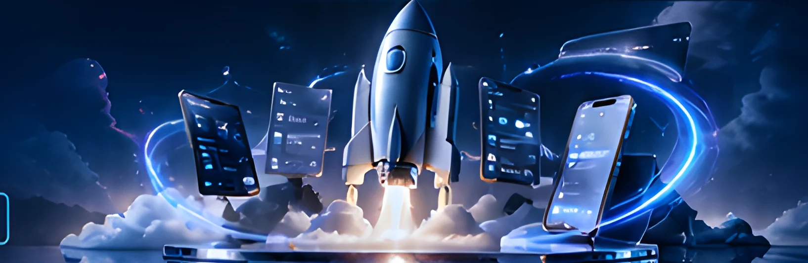Rocket launching above phones showing a software product