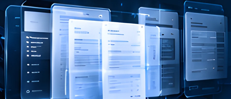 Stack of glass document panels