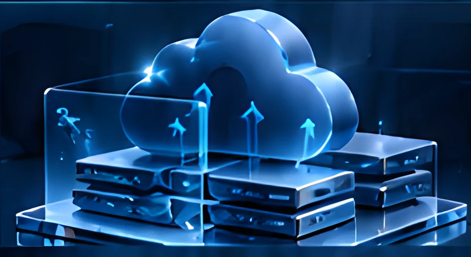 Glass cloud above servers with an upload arrow