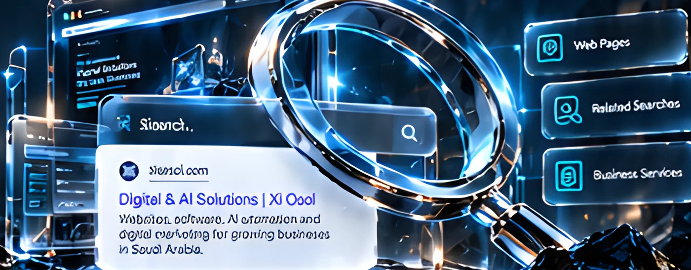 Glass magnifying glass over a Google search result for Digital and AI Solutions with web pages, related searches and business services chips