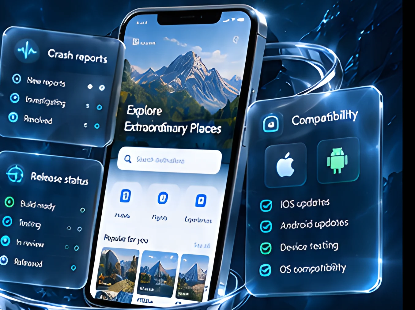 Phone showing a travel app with crash report, release status and compatibility cards