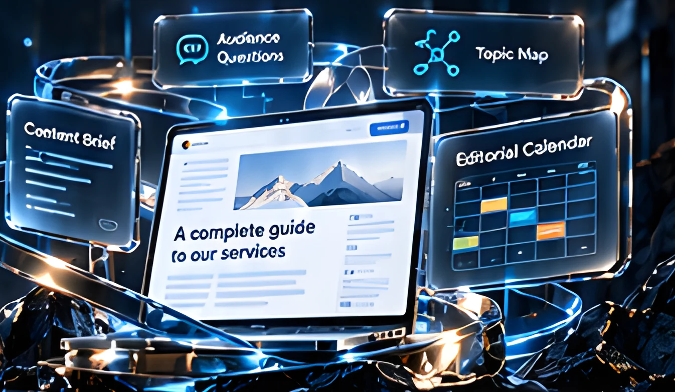 Glass laptop showing a complete guide surrounded by content brief, audience questions, topic map and editorial calendar panels