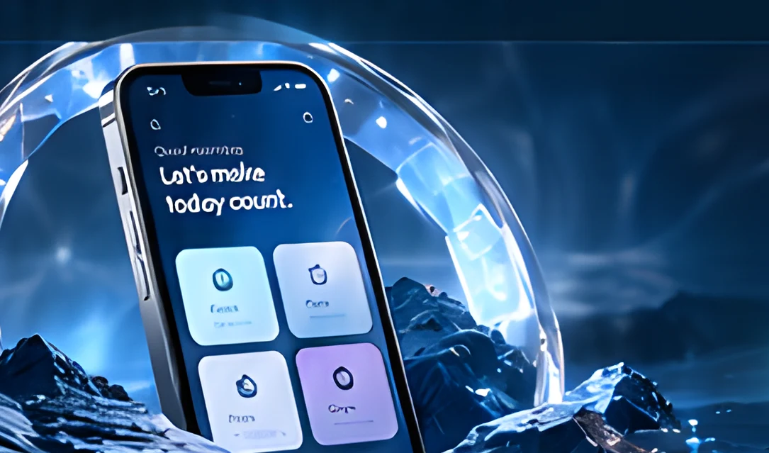 iPhone app inside a glowing glass ring