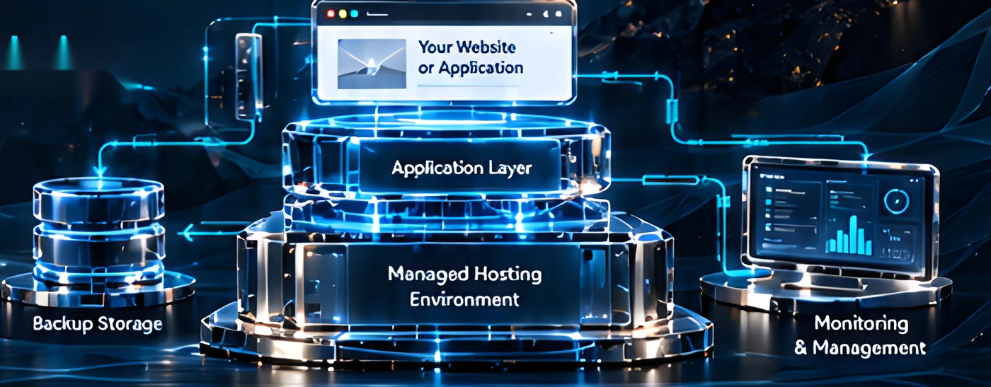 Layered platform showing Your Website or Application, Application Layer, Managed Hosting Environment, Backup Storage and Monitoring and Management