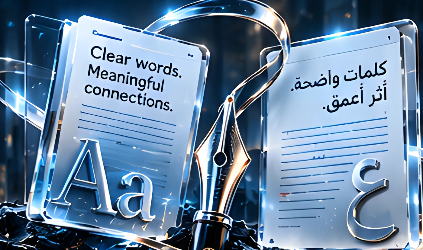 Glass pages with English and Arabic copy, a fountain pen and Aa and ع letterforms