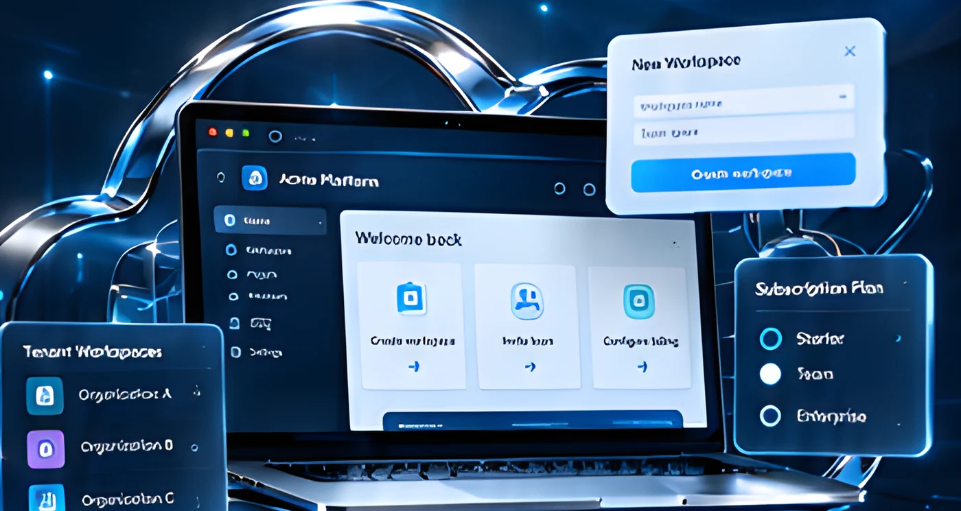 SaaS dashboard on a laptop inside a glass cloud with tenant workspaces, a new-workspace dialog and subscription plans